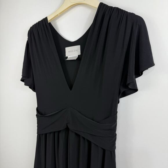 Anthropologie Bhldn Black Maxi Dress Size 18 Flutter Sleeve Tie Belt Stretch - Picture 5 of 15